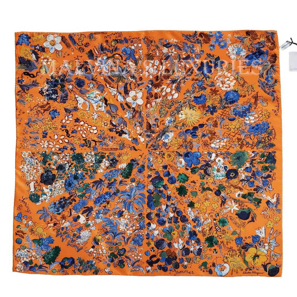 SALVATORE FERRAGAMO SCARF SIGNATURE FLOWER SEASON MULTICOLOR PRINT SILK 35" - Picture 6 of 14